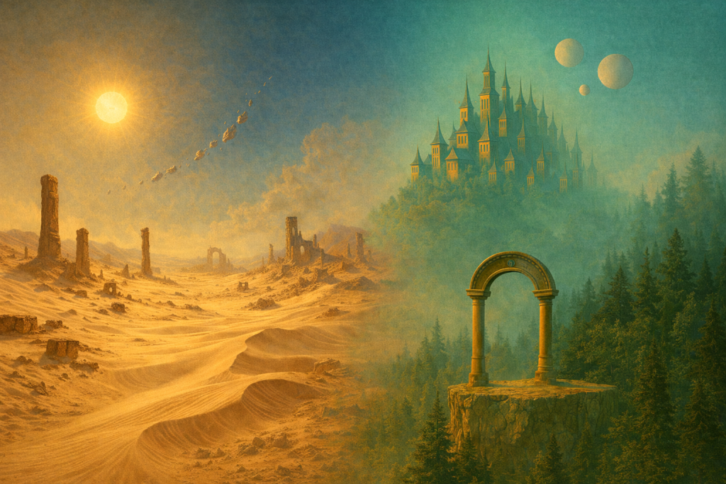 Arche de pierre lumineuse reliant le désert d’Esteradia à l’Académie de l’Invisible, sous un ciel aux lunes multiples